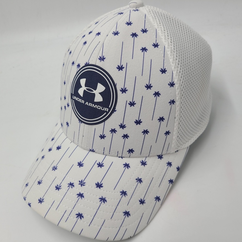 Under Armour Hat Fitted S-M Trucker Mesh White Blue Palm Tree Iso-Chill Golf Men